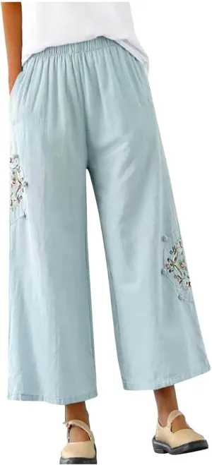 Casual Women's Linen Pants Summer Palazzo High Waisted Pants Wide Leg Slacks Beach Comfy Long Trousers with Pockets