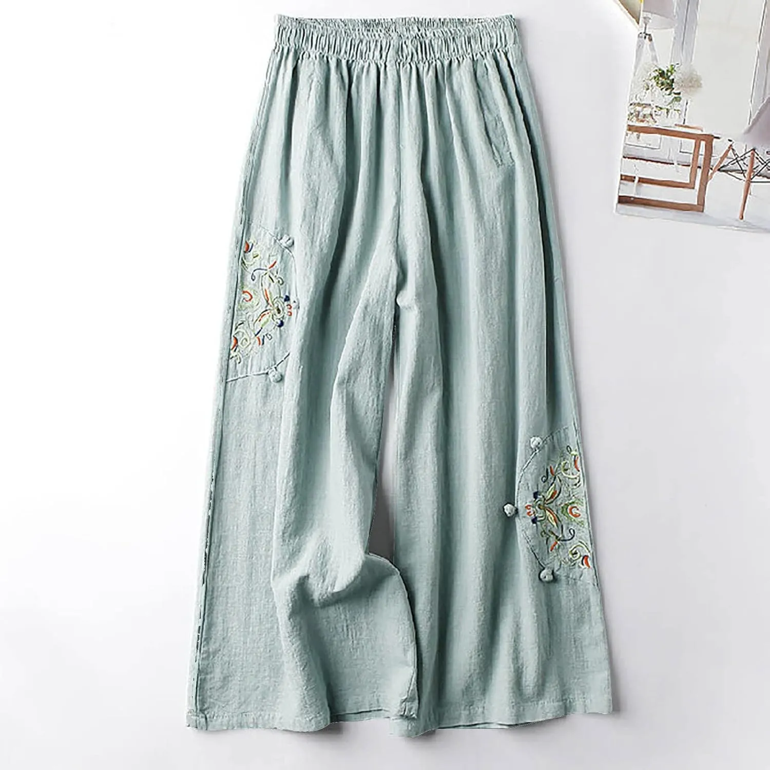 Casual Women's Linen Pants Summer Palazzo High Waisted Pants Wide Leg Slacks Beach Comfy Long Trousers with Pockets