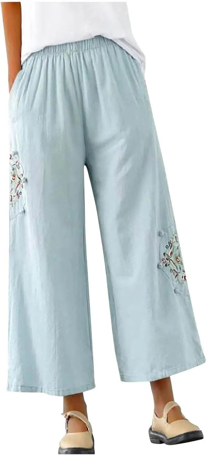 Casual Women's Linen Pants Summer Palazzo High Waisted Pants Wide Leg Slacks Beach Comfy Long Trousers with Pockets
