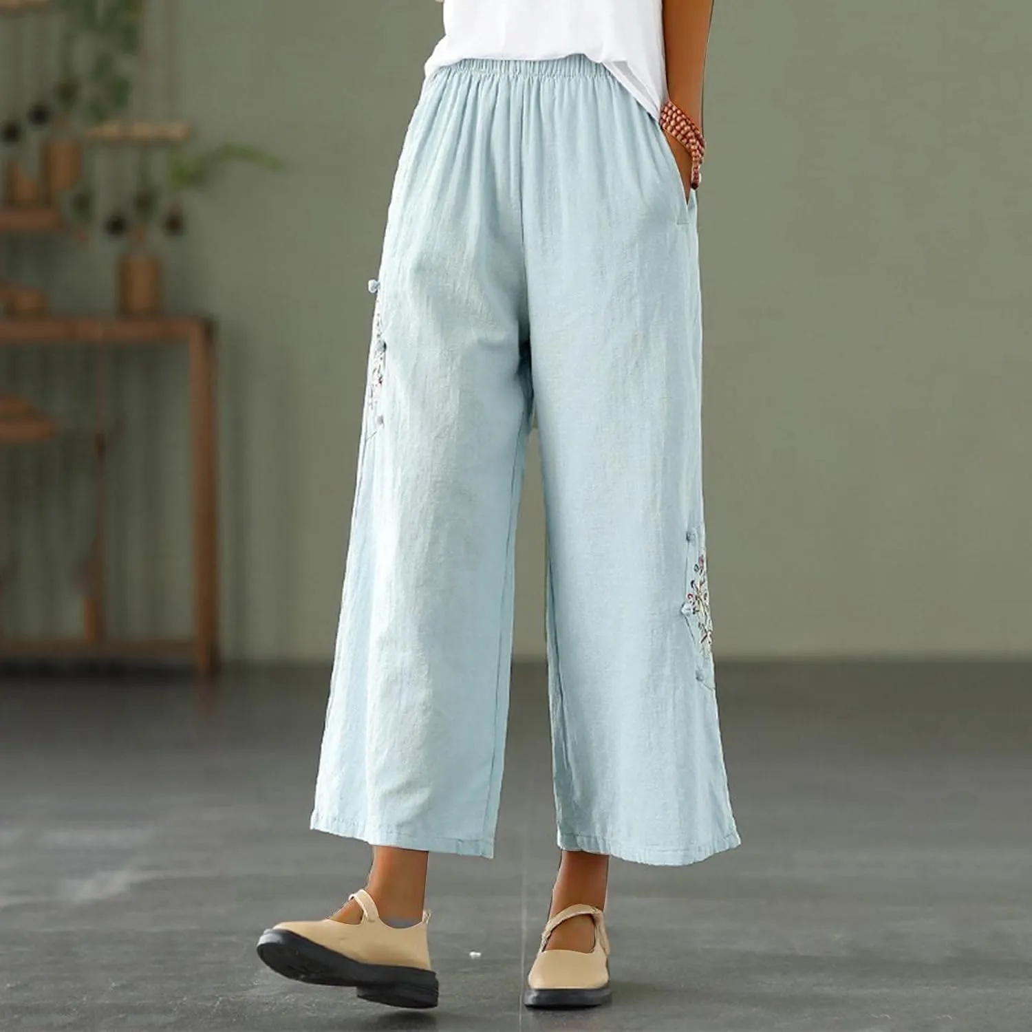 Casual Women's Linen Pants Summer Palazzo High Waisted Pants Wide Leg Slacks Beach Comfy Long Trousers with Pockets