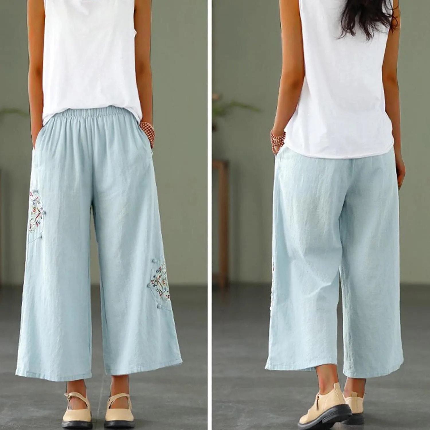 Casual Women's Linen Pants Summer Palazzo High Waisted Pants Wide Leg Slacks Beach Comfy Long Trousers with Pockets