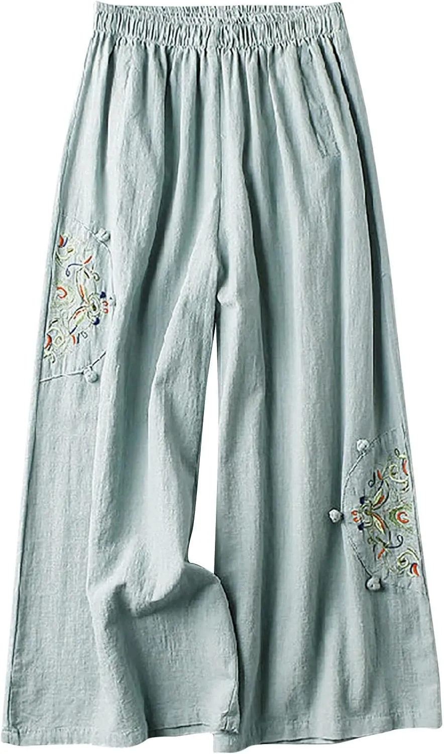 Casual Women's Linen Pants Summer Palazzo High Waisted Pants Wide Leg Slacks Beach Comfy Long Trousers with Pockets