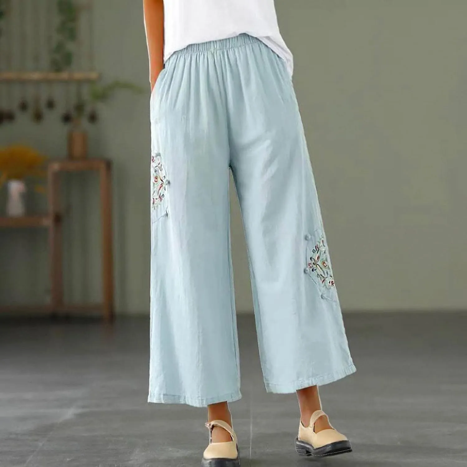Casual Women's Linen Pants Summer Palazzo High Waisted Pants Wide Leg Slacks Beach Comfy Long Trousers with Pockets