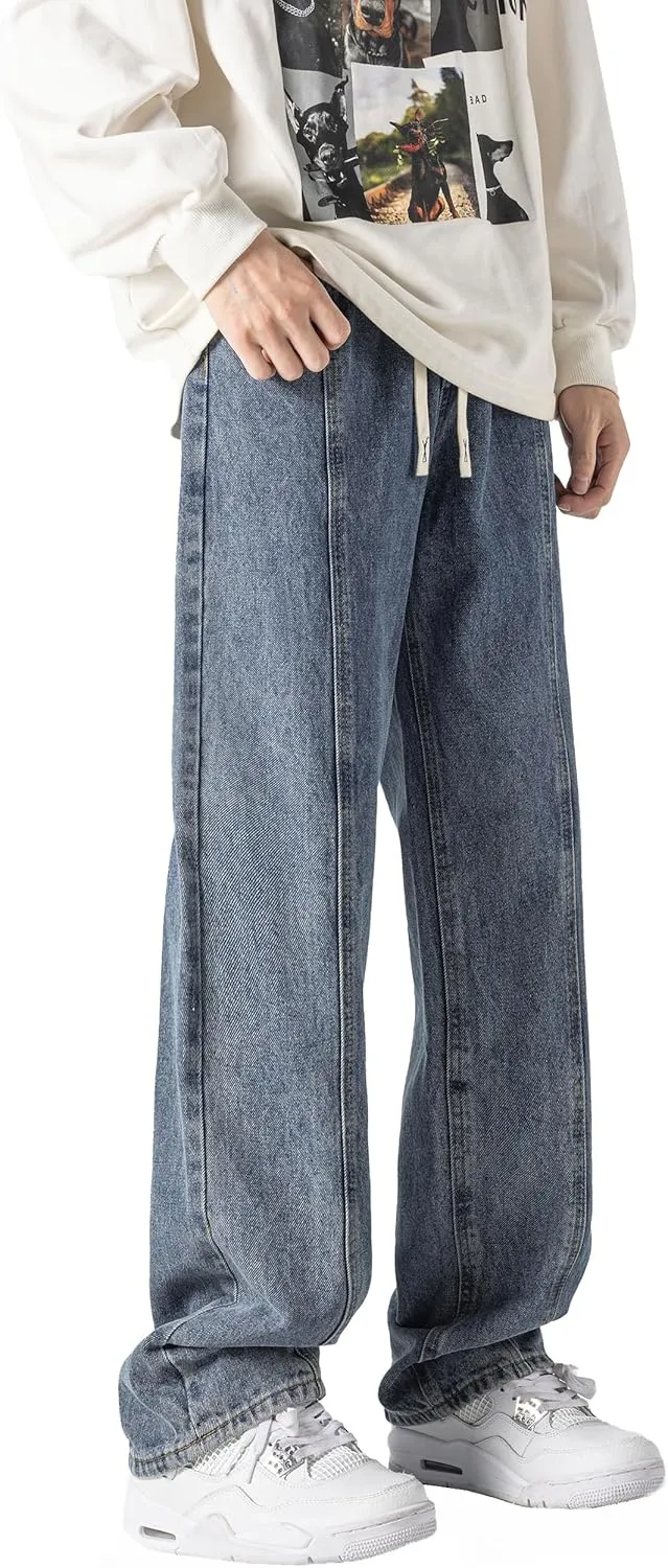 DOSLAVIDA Men's Regular Fit Straight Leg Jeans Casual Drawstring Elastic Waist Denim Pants Lightweight Carpenter Jean