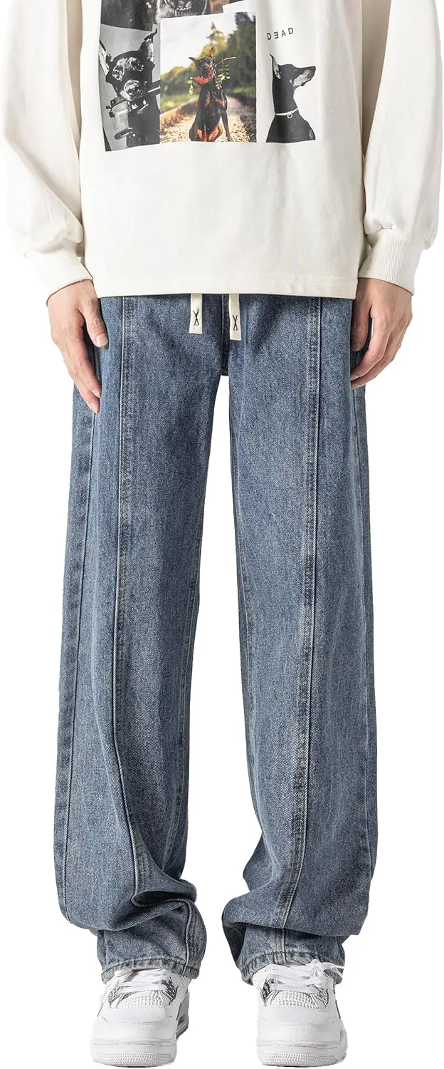 DOSLAVIDA Men's Regular Fit Straight Leg Jeans Casual Drawstring Elastic Waist Denim Pants Lightweight Carpenter Jean