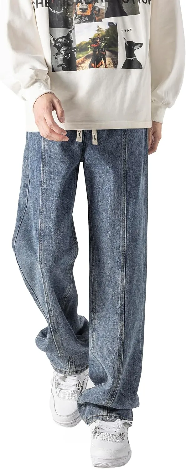 DOSLAVIDA Men's Regular Fit Straight Leg Jeans Casual Drawstring Elastic Waist Denim Pants Lightweight Carpenter Jean