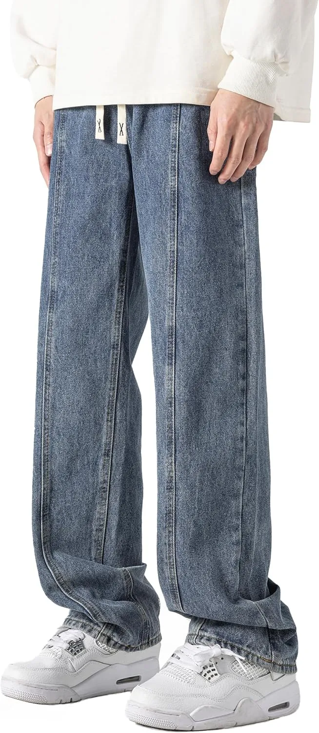 DOSLAVIDA Men's Regular Fit Straight Leg Jeans Casual Drawstring Elastic Waist Denim Pants Lightweight Carpenter Jean