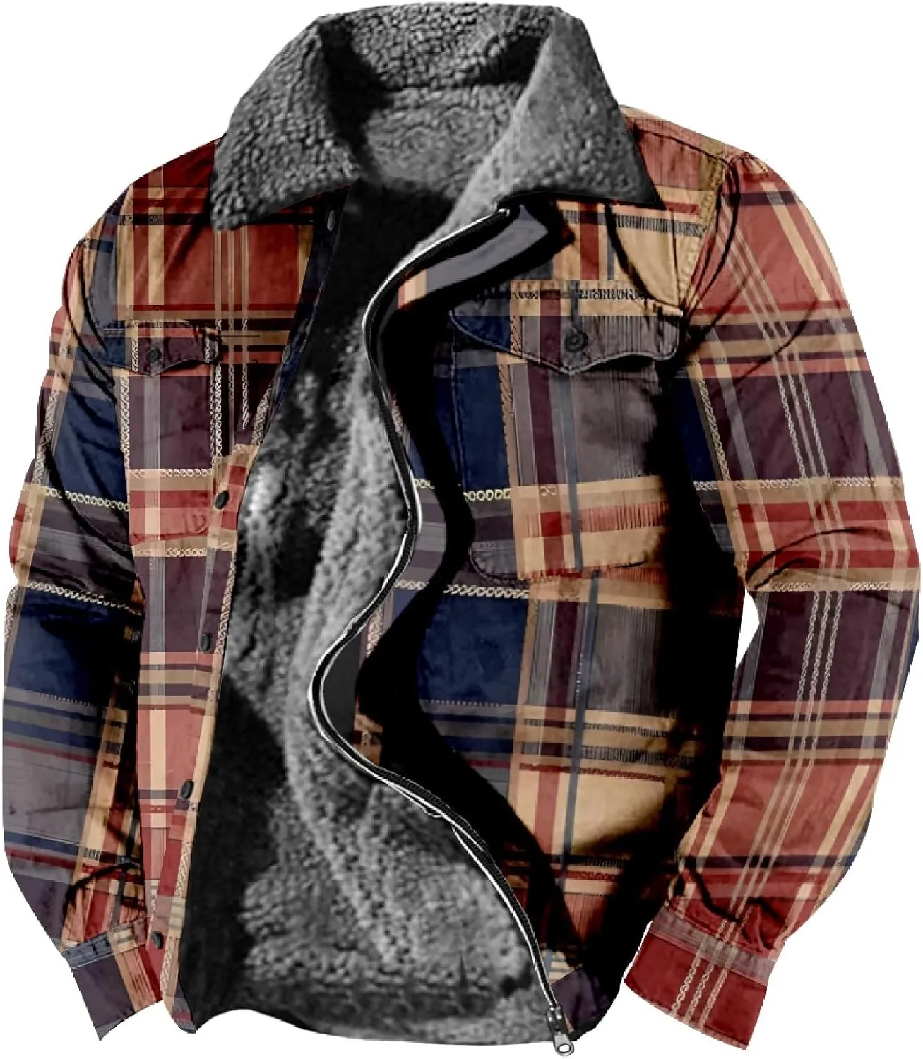 Flannel Jacket for Men Without Hood Zip up Hooded Heavyweight Thick Fleece Lined Winter Warm Plaid Shirt Jacket Big Tall