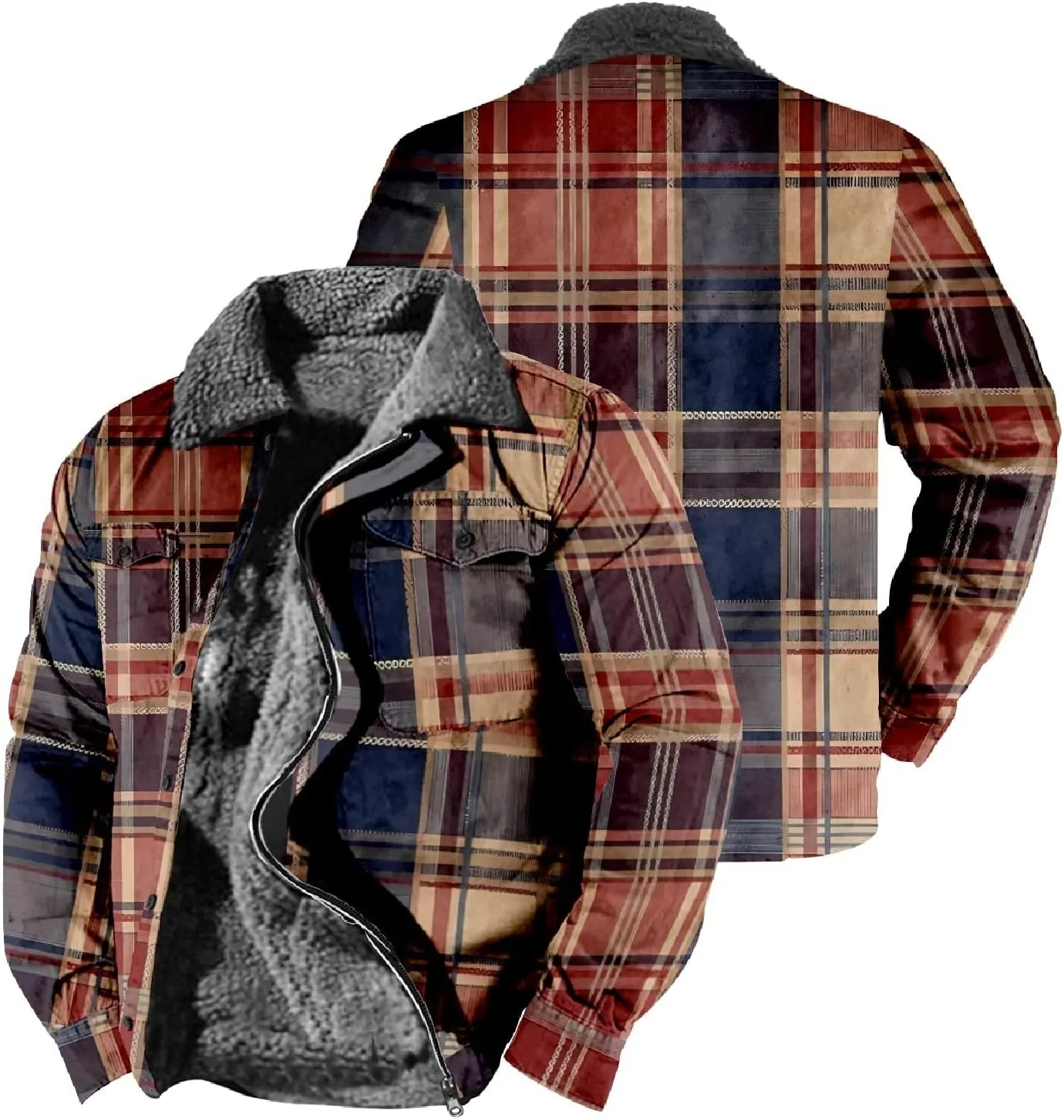Flannel Jacket for Men Without Hood Zip up Hooded Heavyweight Thick Fleece Lined Winter Warm Plaid Shirt Jacket Big Tall