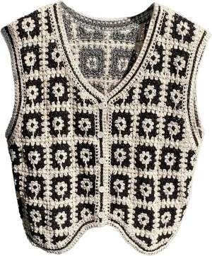 GORGLITTER Women's Crochet Knit Sweater Vest Sleeveless Button Front Cropped Vests