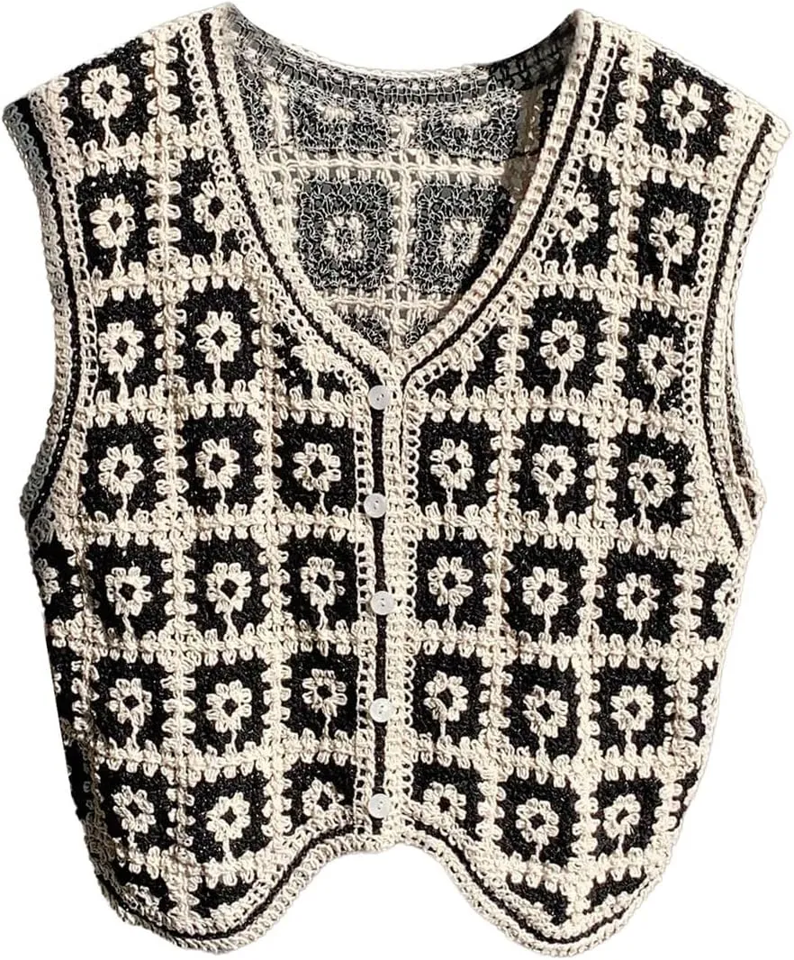 GORGLITTER Women's Crochet Knit Sweater Vest Sleeveless Button Front Cropped Vests