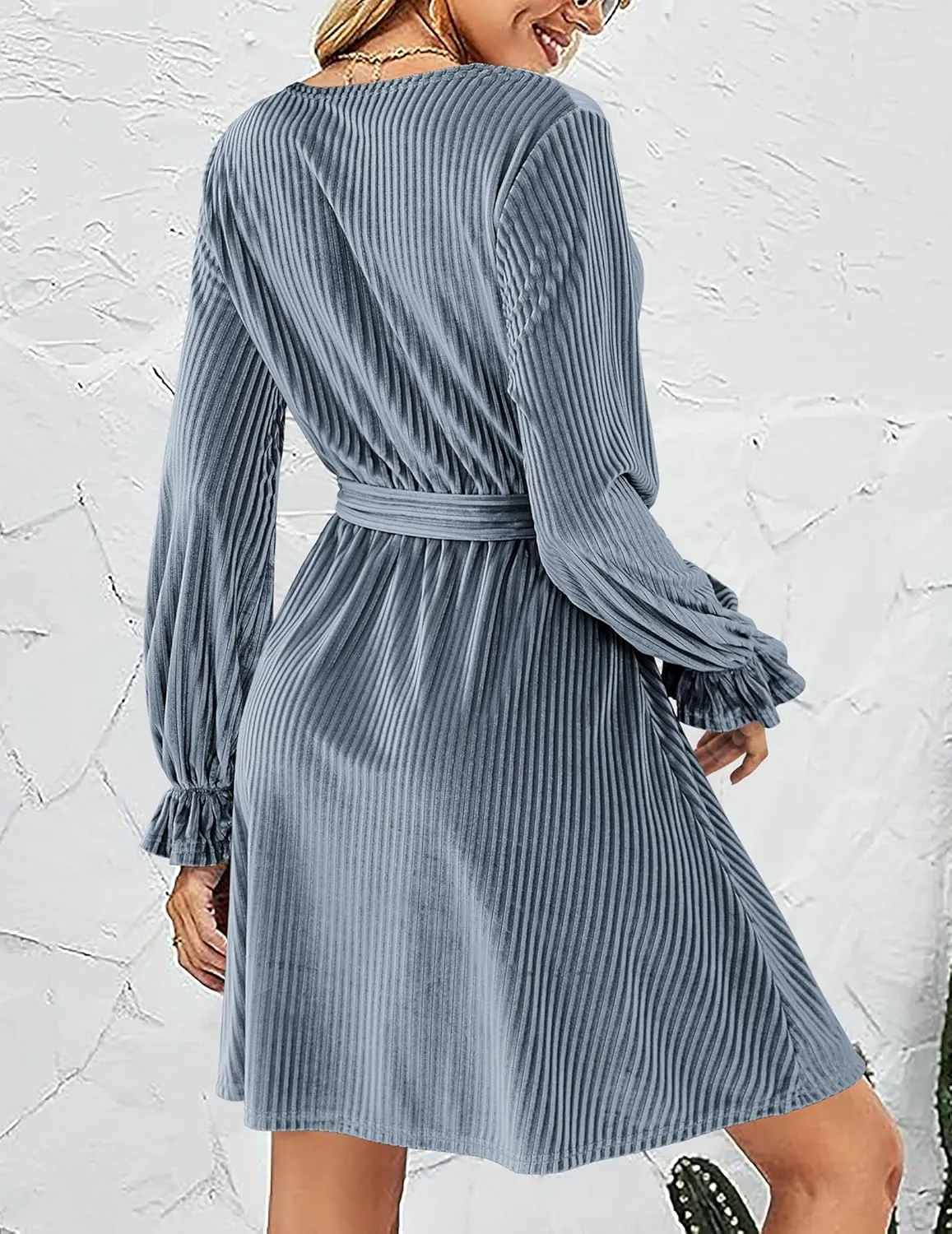 HOTOUCH Women's Velvet Dress Wrap V Neck Flared Dress Long Lantern Sleeve Dresses with Belt Cocktail Party Dress