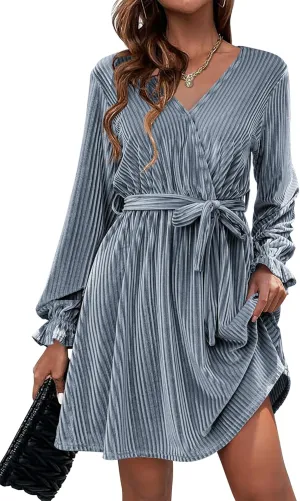 HOTOUCH Women's Velvet Dress Wrap V Neck Flared Dress Long Lantern Sleeve Dresses with Belt Cocktail Party Dress