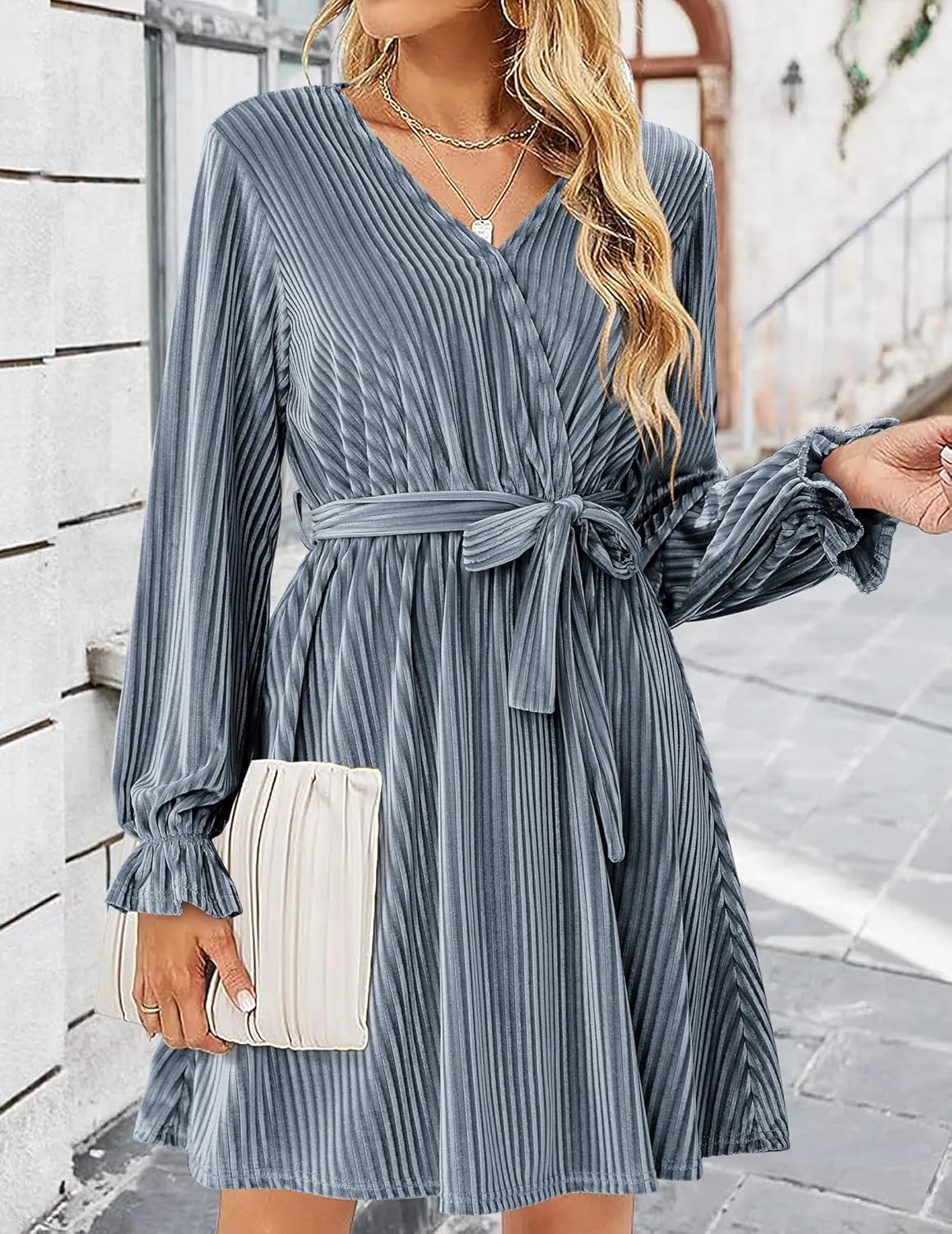 HOTOUCH Women's Velvet Dress Wrap V Neck Flared Dress Long Lantern Sleeve Dresses with Belt Cocktail Party Dress