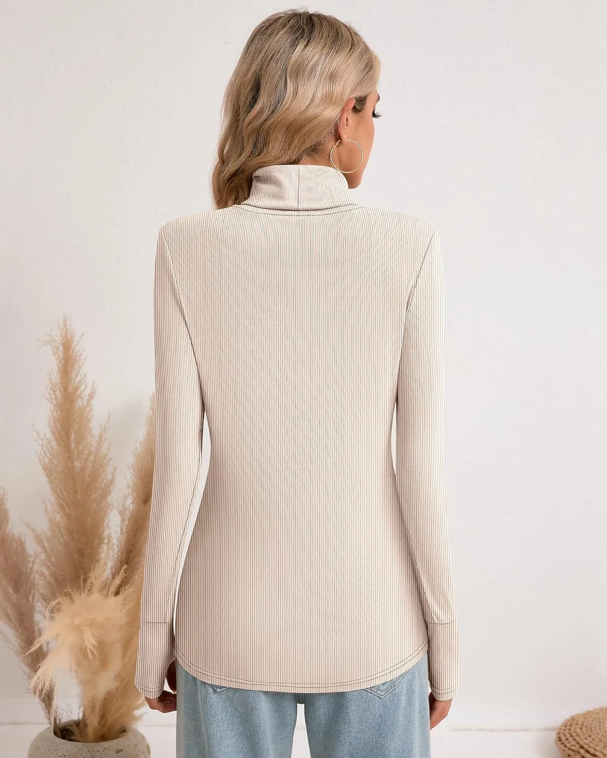 Huukeay 3 Pack Women's Long Sleeve Turtleneck Tops, Slim Fit Ribbed Pullover with Thumbhole Mock Neck T-Shirts Underwear Top