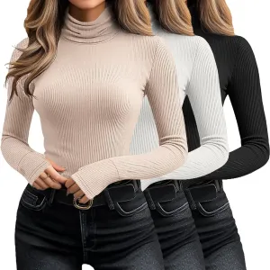 Huukeay 3 Pack Women's Long Sleeve Turtleneck Tops, Slim Fit Ribbed Pullover with Thumbhole Mock Neck T-Shirts Underwear Top