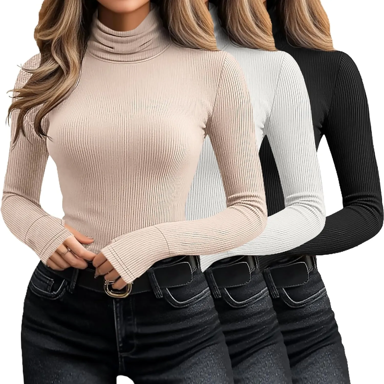 Huukeay 3 Pack Women's Long Sleeve Turtleneck Tops, Slim Fit Ribbed Pullover with Thumbhole Mock Neck T-Shirts Underwear Top