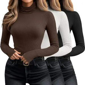 Huukeay 3 Pack Women's Long Sleeve Turtleneck Tops, Slim Fit Ribbed Pullover with Thumbhole Mock Neck T-Shirts Underwear Top
