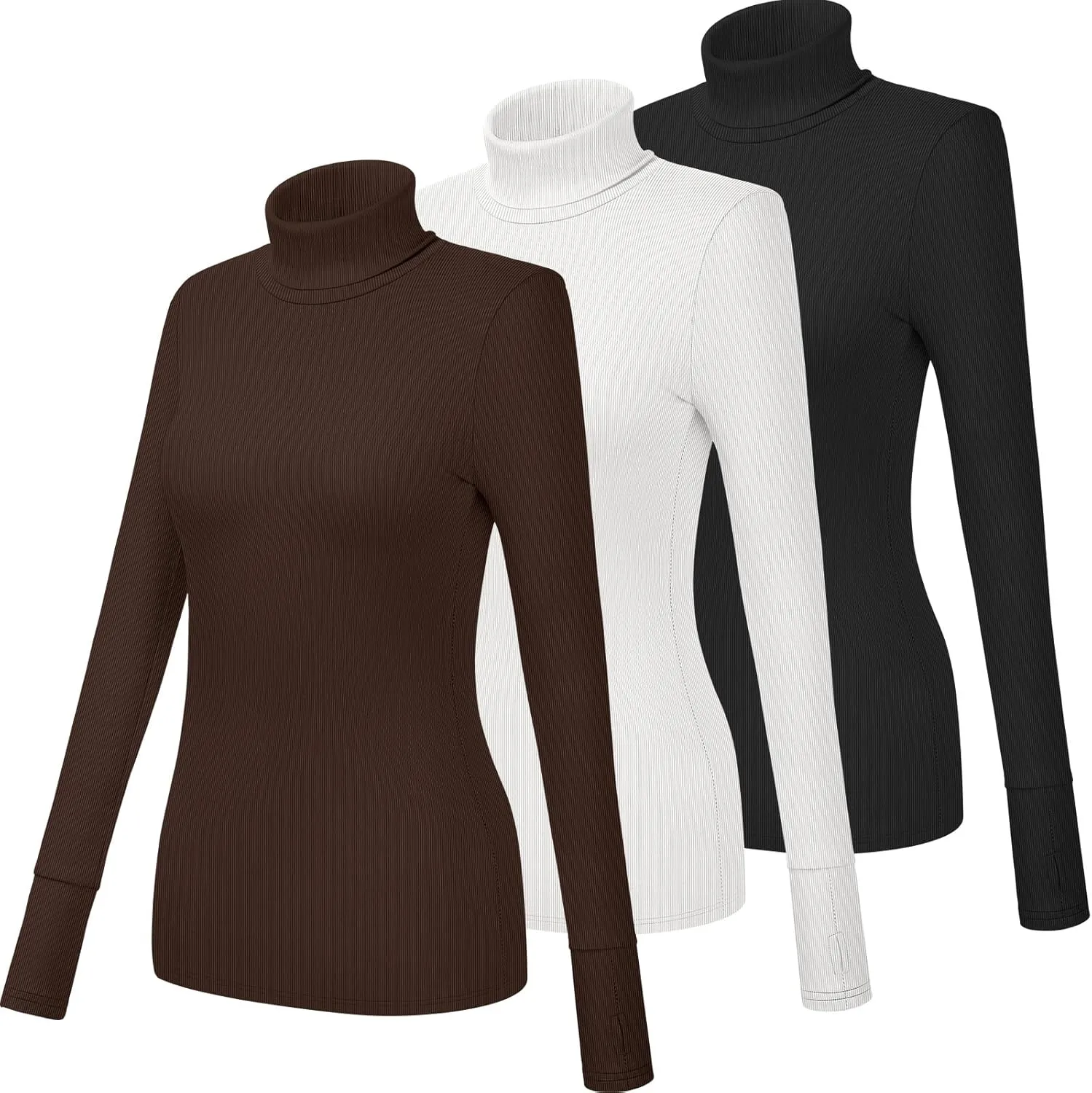 Huukeay 3 Pack Women's Long Sleeve Turtleneck Tops, Slim Fit Ribbed Pullover with Thumbhole Mock Neck T-Shirts Underwear Top