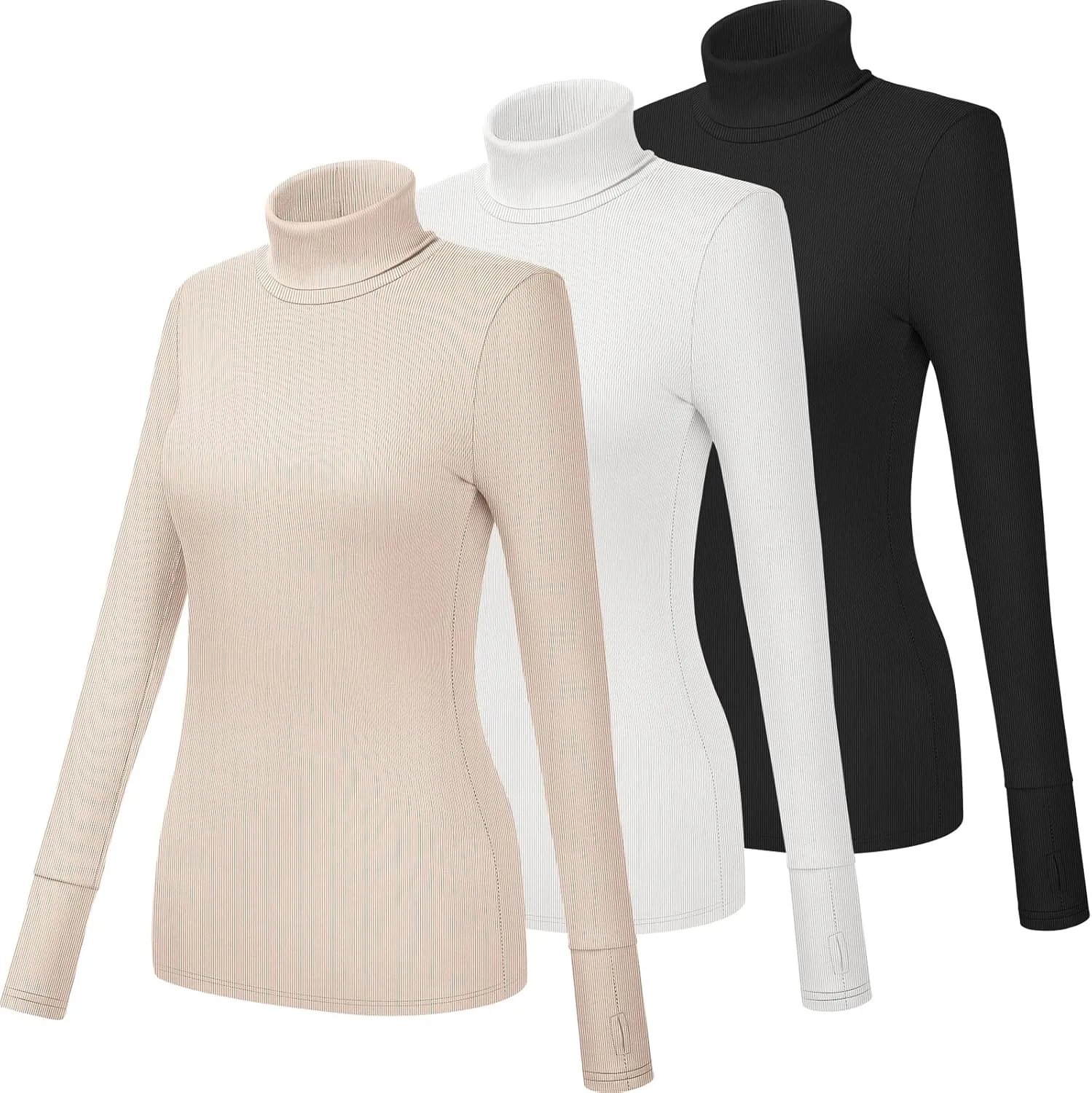 Huukeay 3 Pack Women's Long Sleeve Turtleneck Tops, Slim Fit Ribbed Pullover with Thumbhole Mock Neck T-Shirts Underwear Top