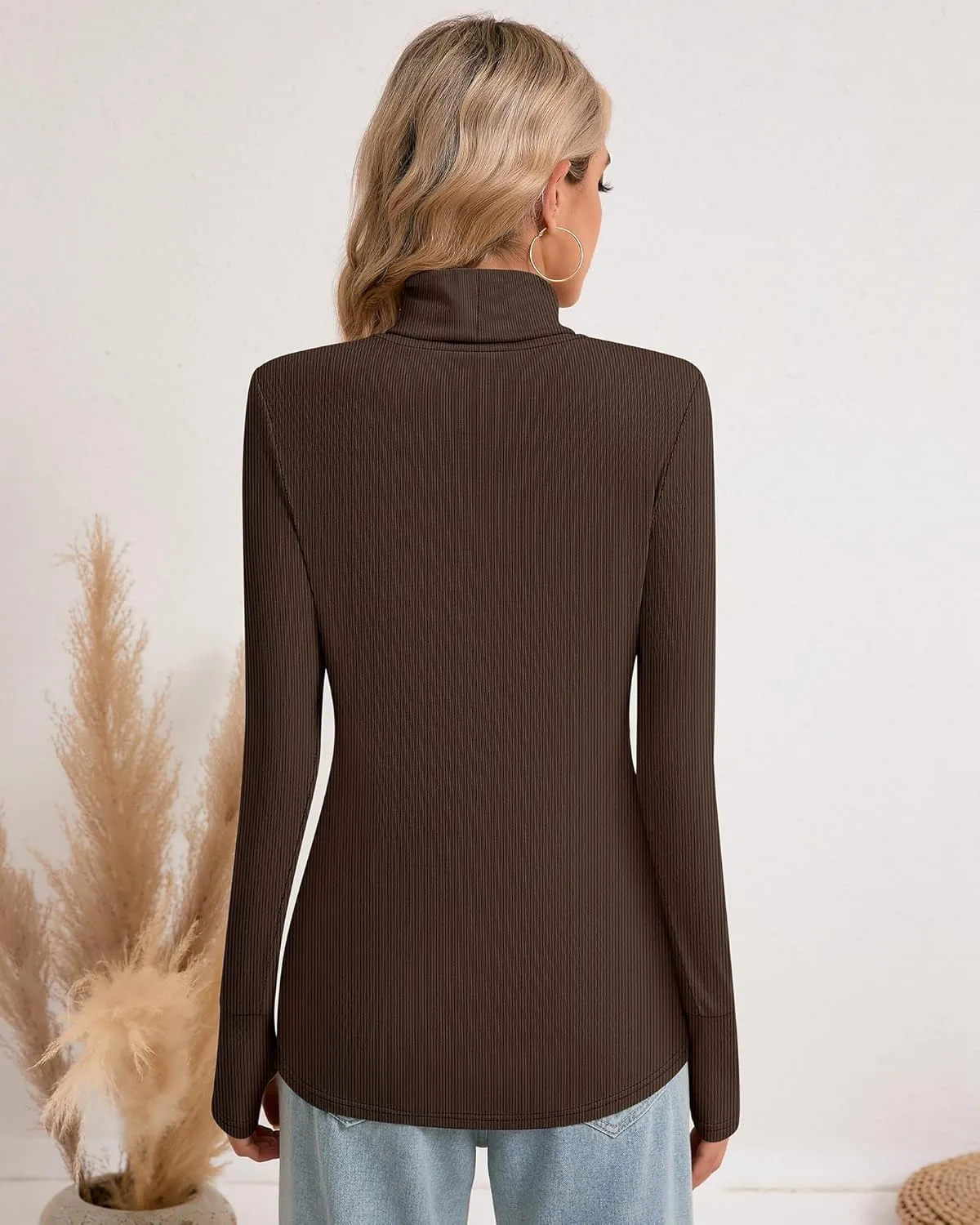 Huukeay 3 Pack Women's Long Sleeve Turtleneck Tops, Slim Fit Ribbed Pullover with Thumbhole Mock Neck T-Shirts Underwear Top
