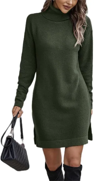 KYLASIEN Long Sweater Dress for Women Casual High Neck Solid Color Side Slit Hem Plus Size Pullover Knitted Tunic Sweaters 2022 Fashion Dresses