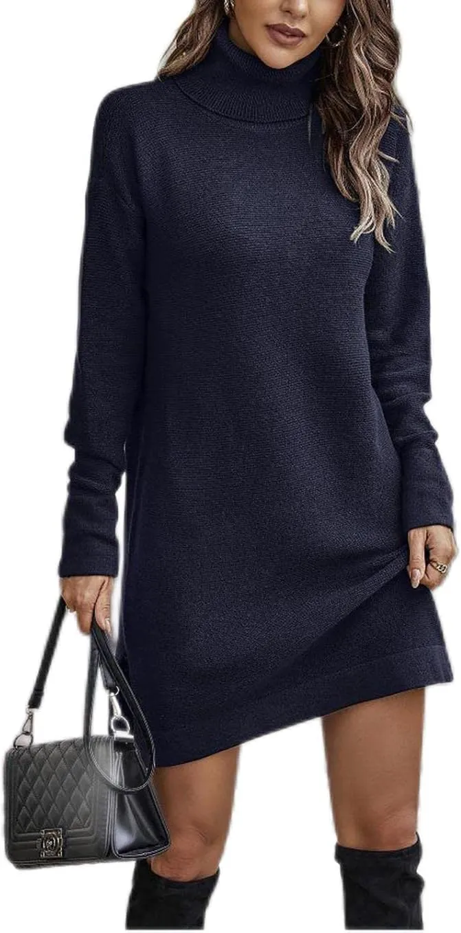 KYLASIEN Long Sweater Dress for Women Casual Long Sleeve Plus Size Pullover Knitted Tunic Sweaters 2022 High Neck Fashion Autumn Dresses Navy