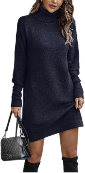 KYLASIEN Long Sweater Dress for Women Casual Long Sleeve Plus Size Pullover Knitted Tunic Sweaters 2022 High Neck Fashion Autumn Dresses Navy