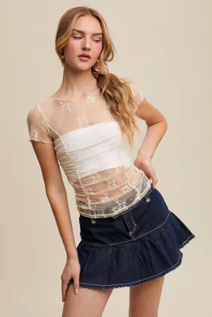Lace Mesh Ruched Top