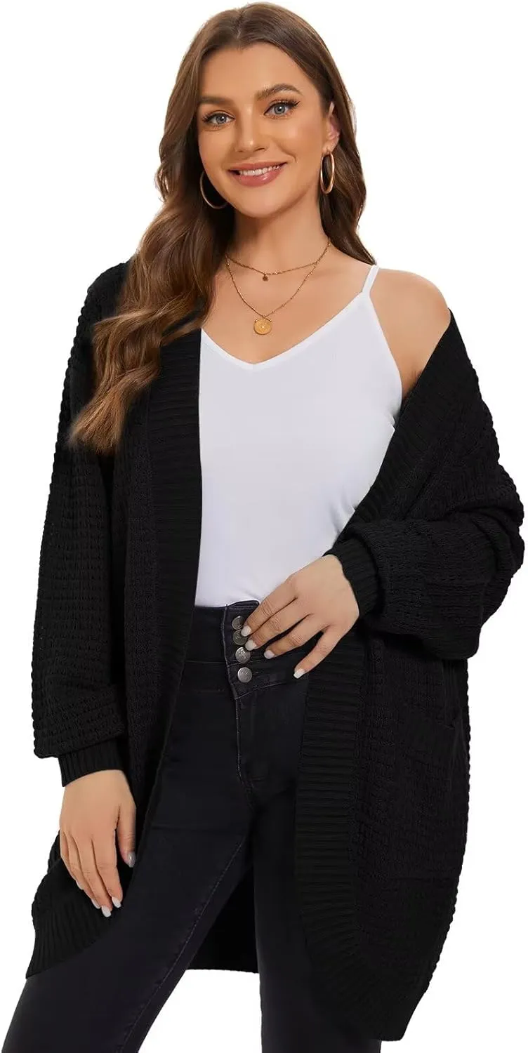 LARACE Long Cardigans for Women Plus Size Tops Open Front Sweaters with Pockets Waffle Ribbed Sleeve Loose Fall Outwear