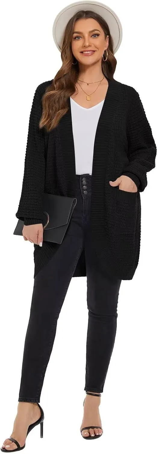 LARACE Long Cardigans for Women Plus Size Tops Open Front Sweaters with Pockets Waffle Ribbed Sleeve Loose Fall Outwear