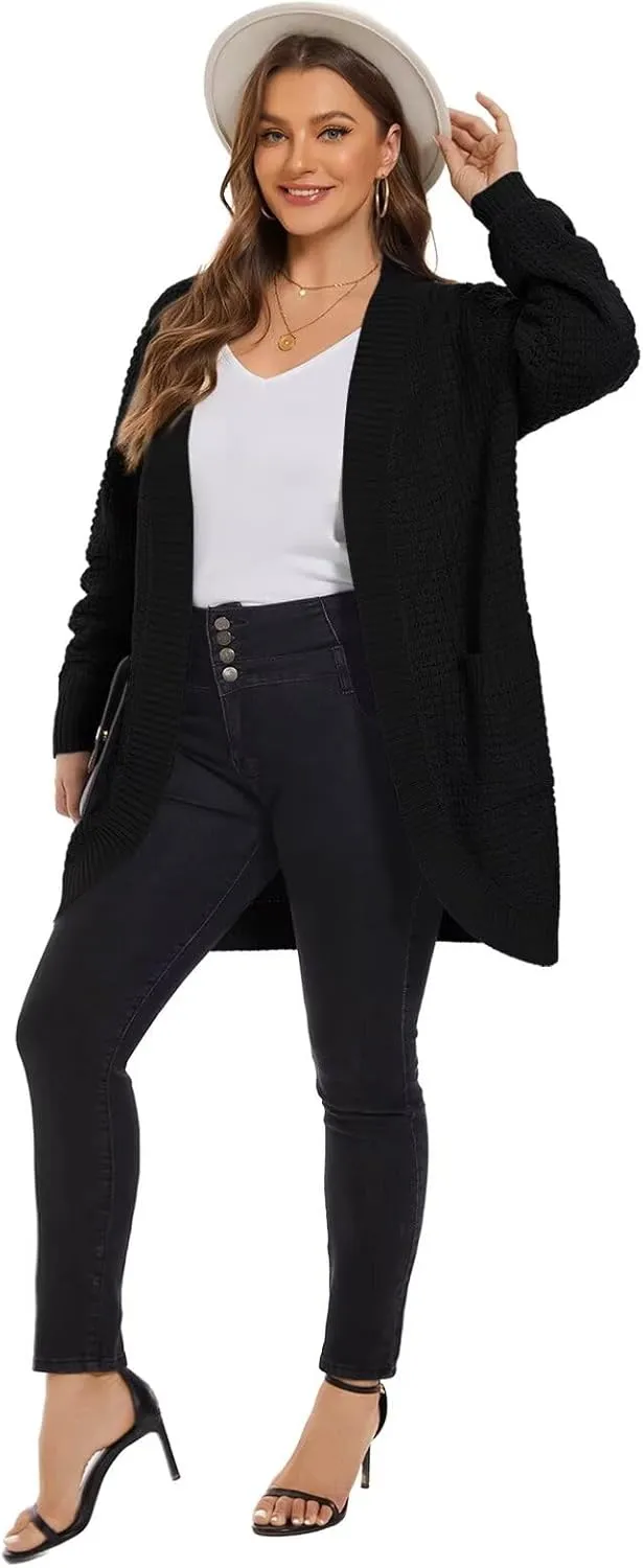 LARACE Long Cardigans for Women Plus Size Tops Open Front Sweaters with Pockets Waffle Ribbed Sleeve Loose Fall Outwear