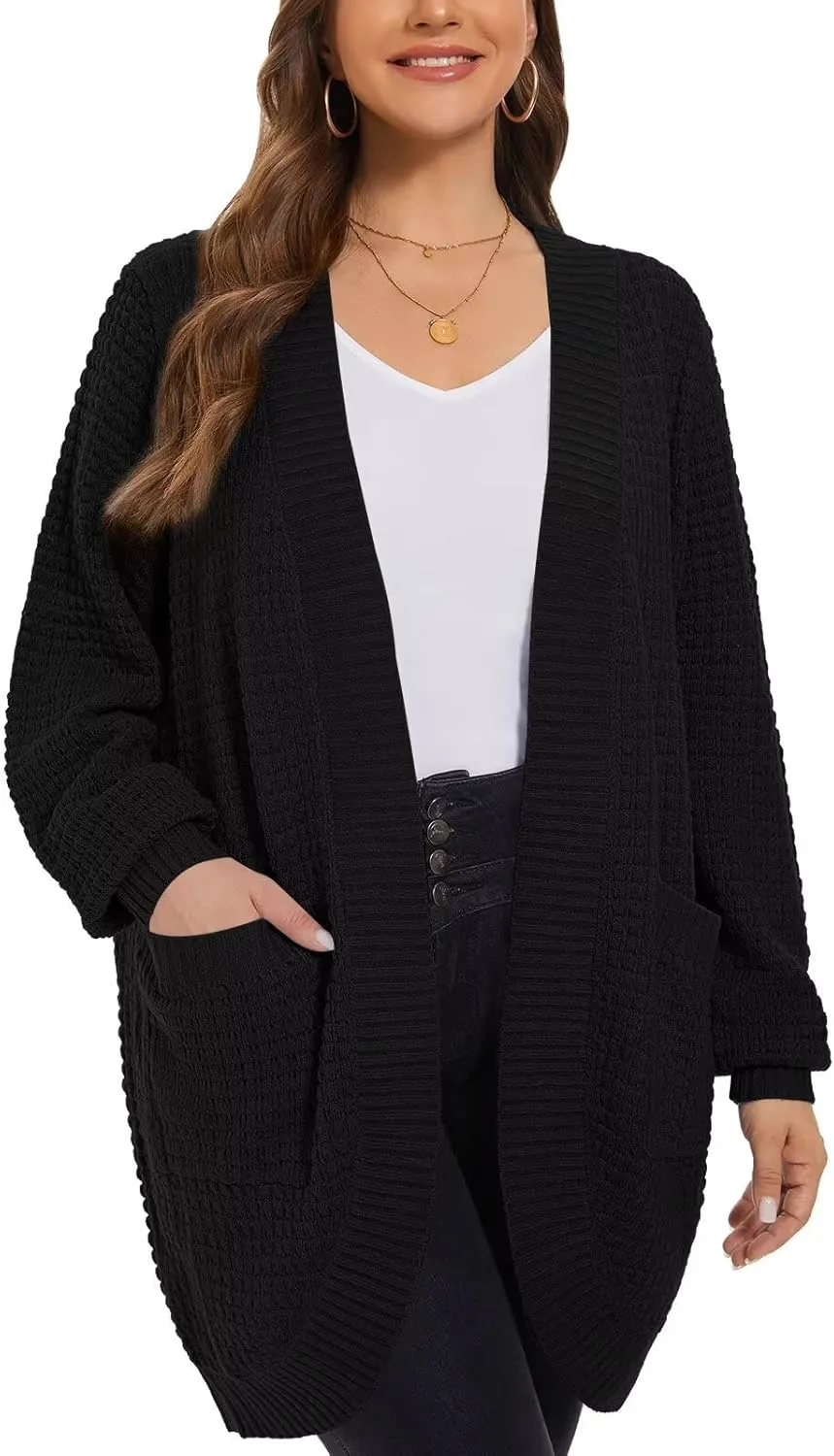 LARACE Long Cardigans for Women Plus Size Tops Open Front Sweaters with Pockets Waffle Ribbed Sleeve Loose Fall Outwear