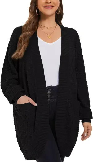 LARACE Long Cardigans for Women Plus Size Tops Open Front Sweaters with Pockets Waffle Ribbed Sleeve Loose Fall Outwear