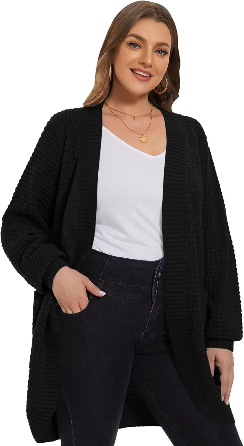 LARACE Long Cardigans for Women Plus Size Tops Open Front Sweaters with Pockets Waffle Ribbed Sleeve Loose Fall Outwear