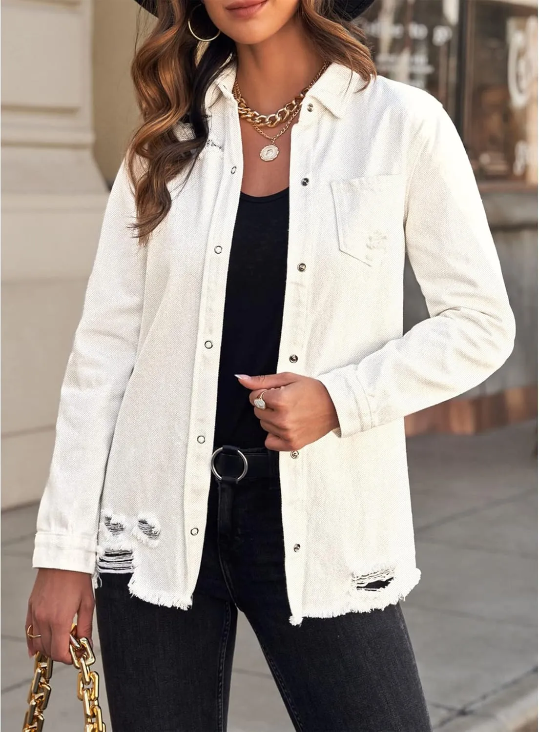 luvamia Womens Denim Jacket Distressed Button Down Jean Shirt For Women Ripped Shacket Coat