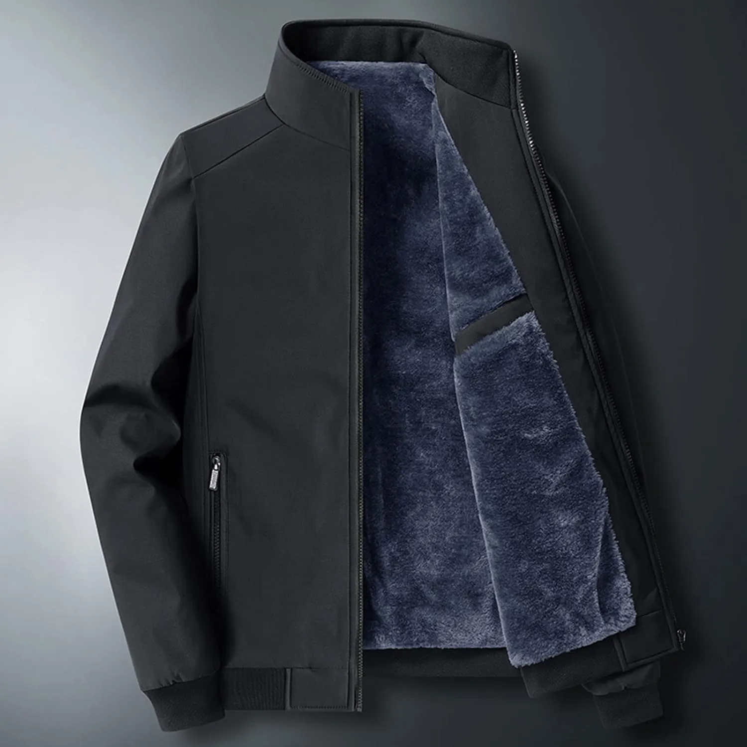 Mens Fashion Plush Thick Jacket Winter Fleece Lined Warm Coat Stand Collar Zipper Pocket Parka Work Cargo Windbreaker