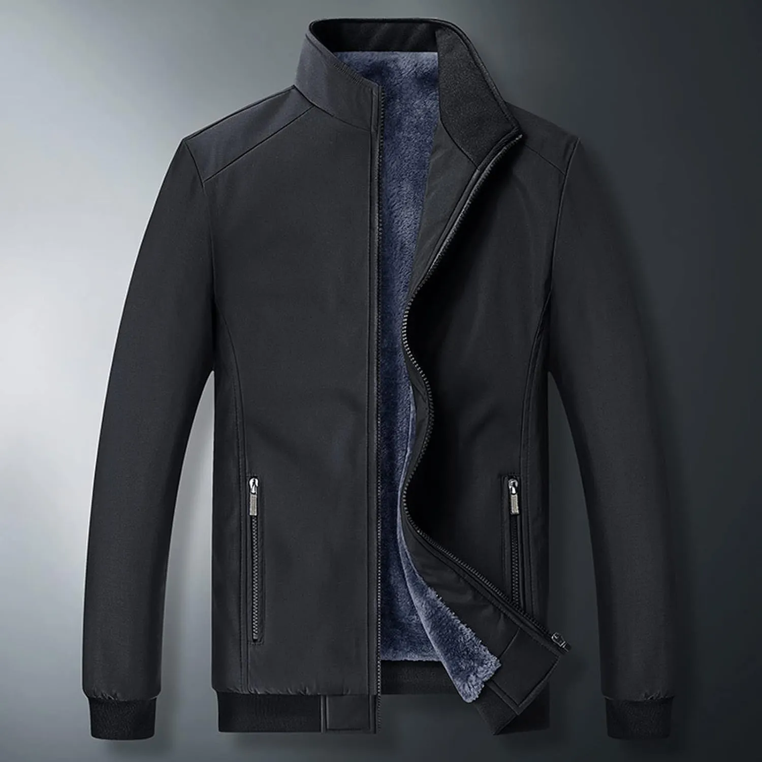 Mens Fashion Plush Thick Jacket Winter Fleece Lined Warm Coat Stand Collar Zipper Pocket Parka Work Cargo Windbreaker