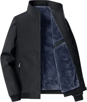 Mens Fashion Plush Thick Jacket Winter Fleece Lined Warm Coat Stand Collar Zipper Pocket Parka Work Cargo Windbreaker