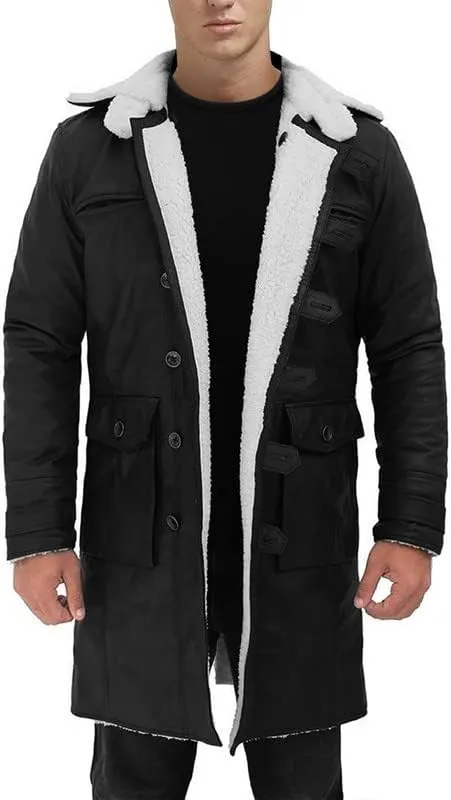 Mens Tom Hardy Dark Knight Bane Faux Fur Shearling Black Leather trench Swedish Bomber Coat