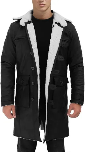Mens Tom Hardy Dark Knight Bane Faux Fur Shearling Black Leather trench Swedish Bomber Coat