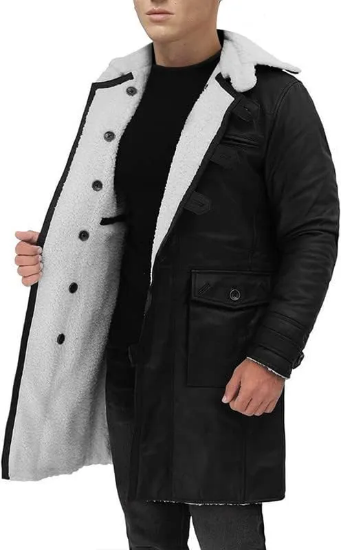 Mens Tom Hardy Dark Knight Bane Faux Fur Shearling Black Leather trench Swedish Bomber Coat