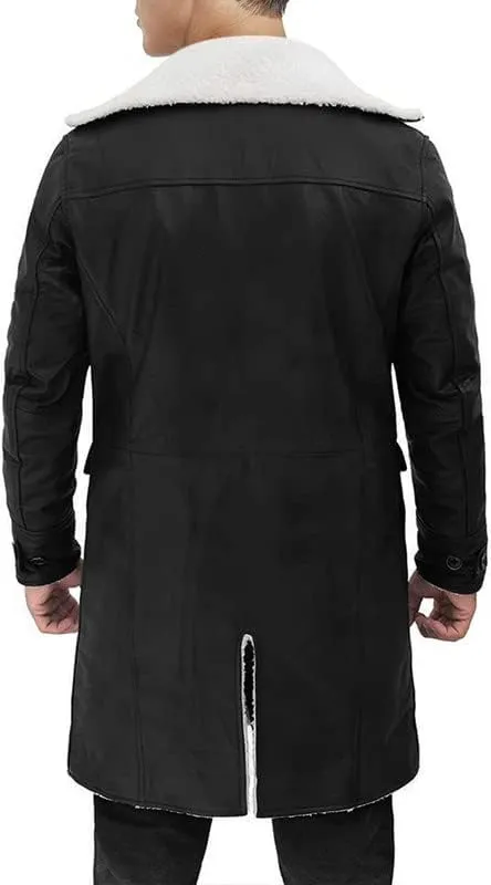 Mens Tom Hardy Dark Knight Bane Faux Fur Shearling Black Leather trench Swedish Bomber Coat