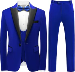 Mens Velvet 3 Piece Suits Slim Fit Peaked Lapel One Button Tuxedo Dinner Jacket Vest Pants Suit Set