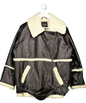 Monki Black Oversized Faux Leather / Shearling Aviator Jacket UK S