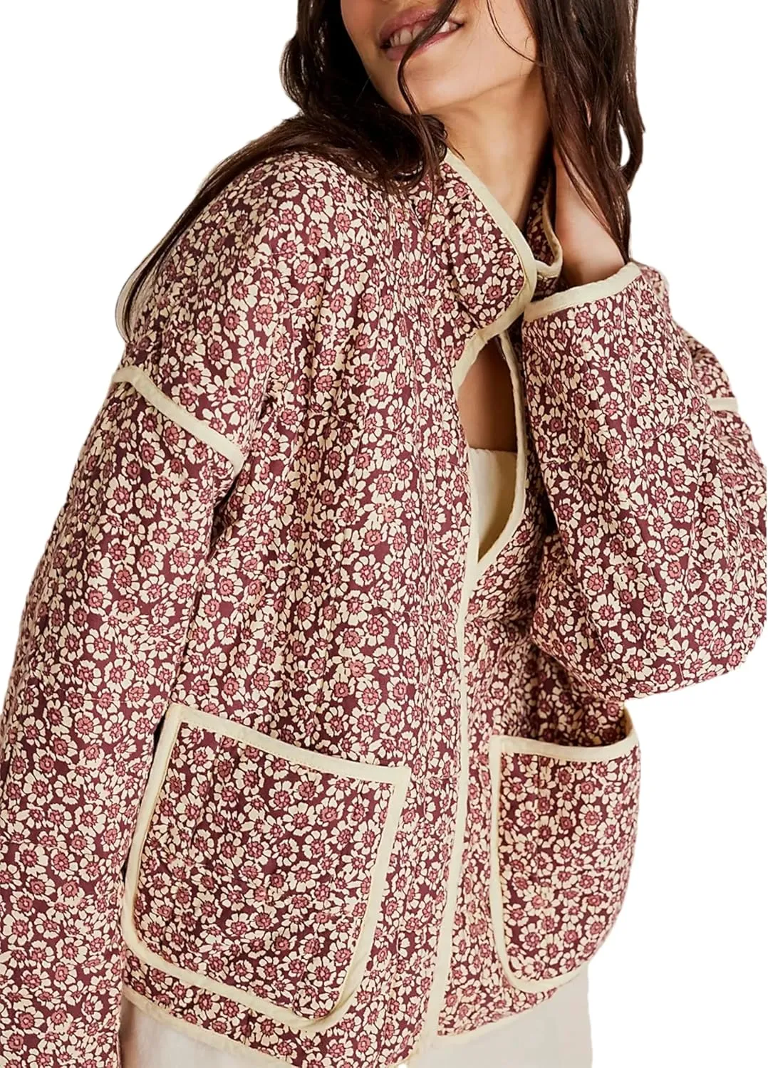 Quilted Jacket for Women Cropped Lightweight Cardigan Floral Print Quilted Puffy Jackets Long Sleeve with Pocket
