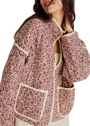Quilted Jacket for Women Cropped Lightweight Cardigan Floral Print Quilted Puffy Jackets Long Sleeve with Pocket