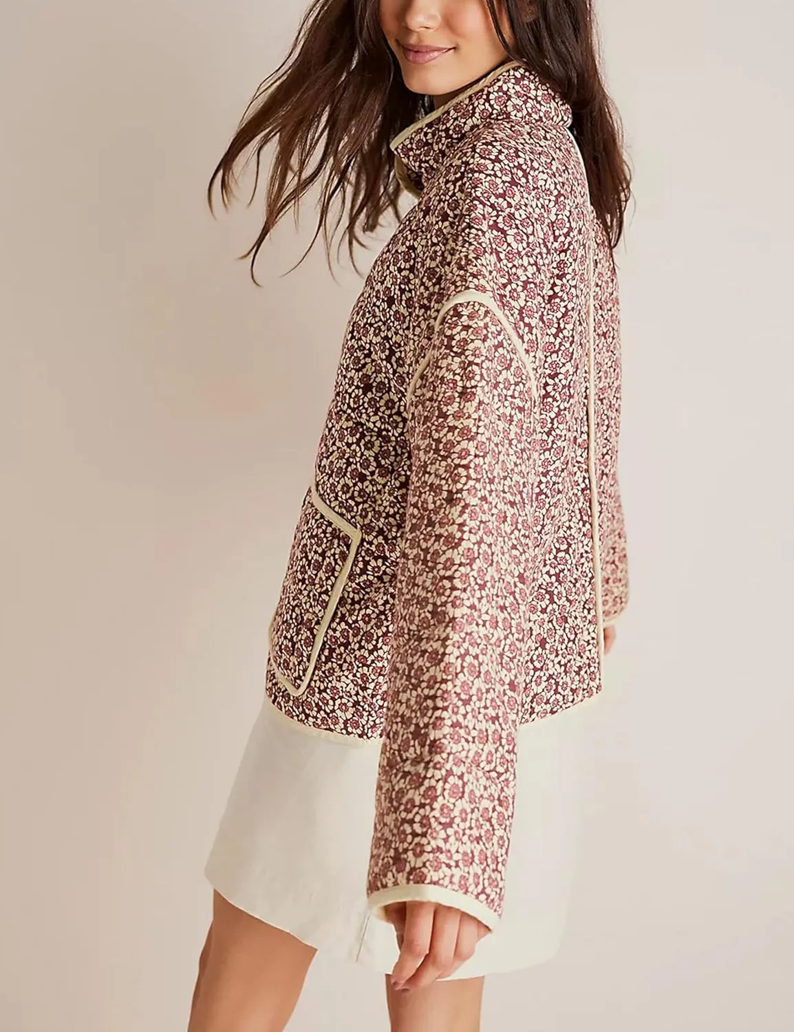 Quilted Jacket for Women Cropped Lightweight Cardigan Floral Print Quilted Puffy Jackets Long Sleeve with Pocket
