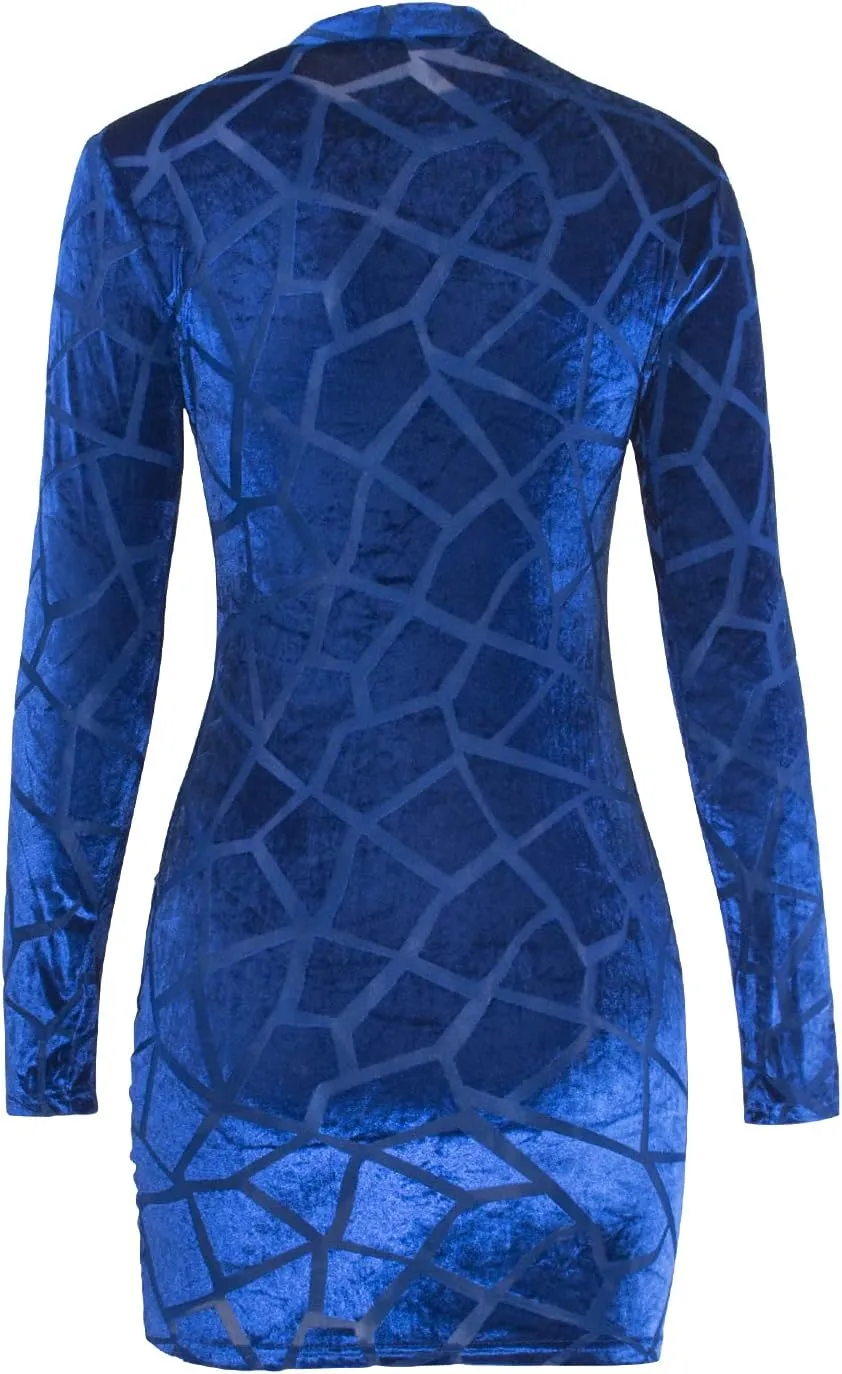sedmoda Womens Bodycon Velvet Mini Dresses Side Zipper Slit Mesh Patchwork Sexy Long Sleeve Club Outfits