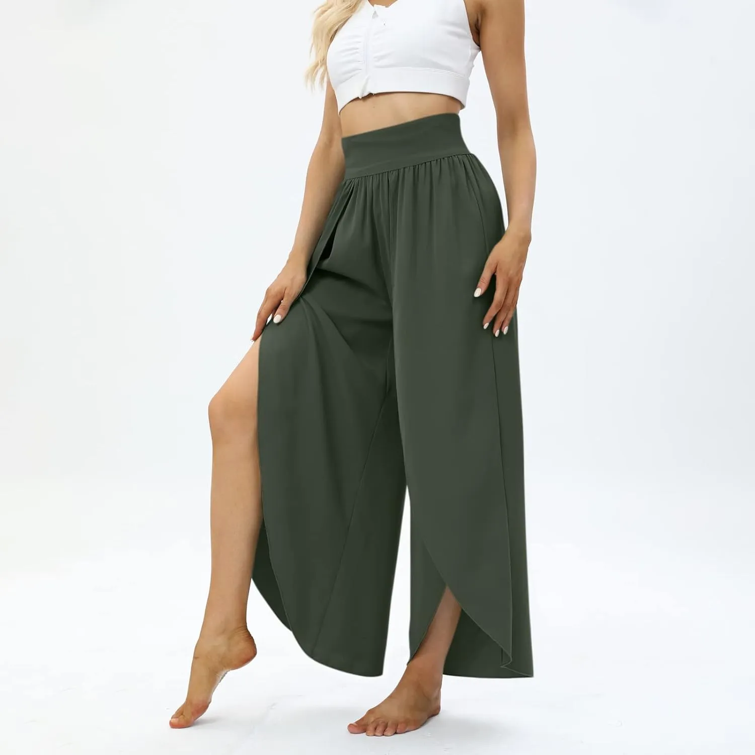 Women Flowy Split Wide Leg Pants High Waisted Yoga Pants Baggy Hippie Pilates Pants Boho Beach Plus Size Palazzo Pants
